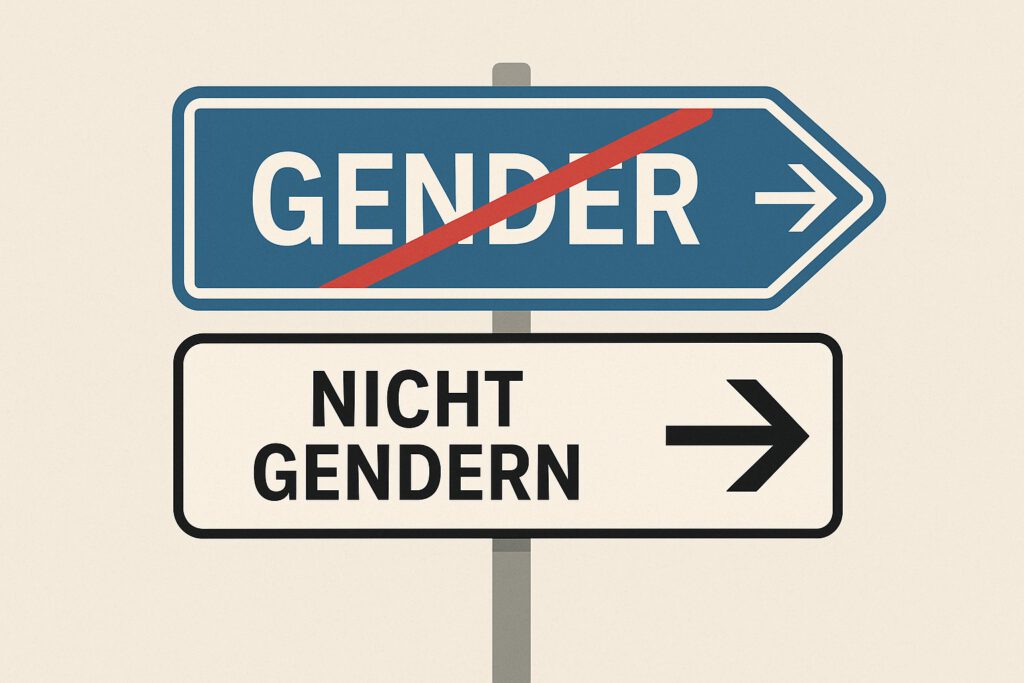 ymbolbild zur Gender-Debatte: Zwei Straßenschilder, eines mit dem Wort „Gendern“ durchgestrichen. Darstellung der gesellschaftlichen Kontroverse.