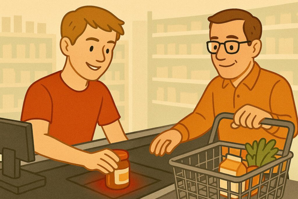 Ein junger Mann arbeitet an der Supermarktkasse