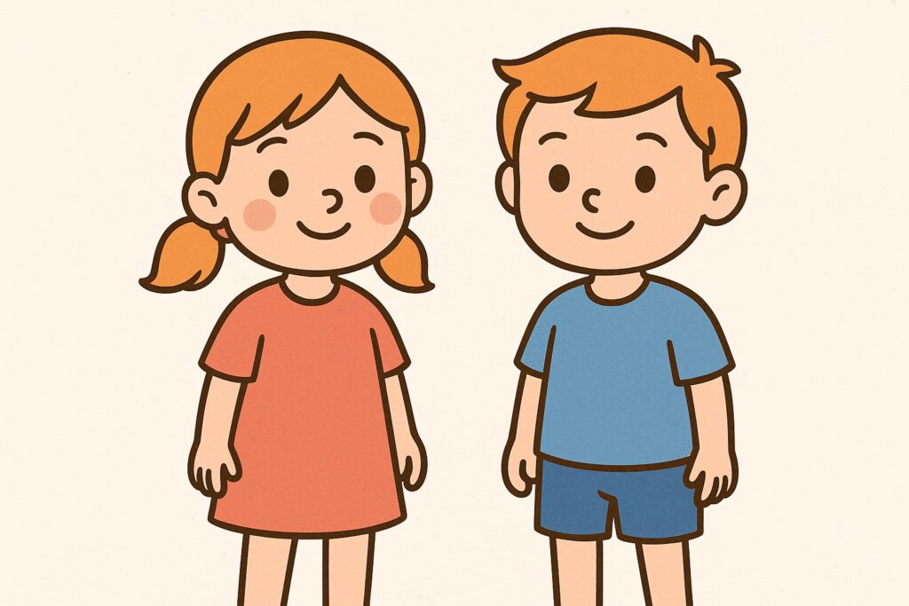 Cartoon-Illustration von einem Zwillingspaar: links ein Mädchen im roten Kleid, rechts ein Junge im blauen Shirt – sie symbolisieren die biologischen Geschlechter.