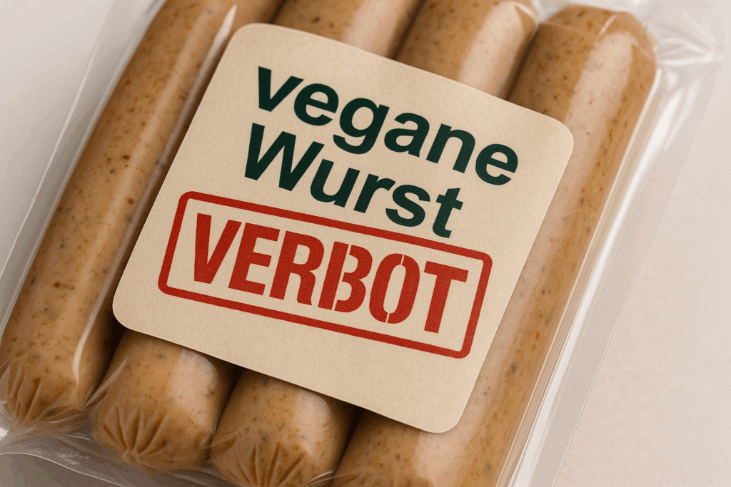 Vier vegane Würstchen in einer eingeschweißten Verpackung mit einem Stempel "Verbot" darüber.