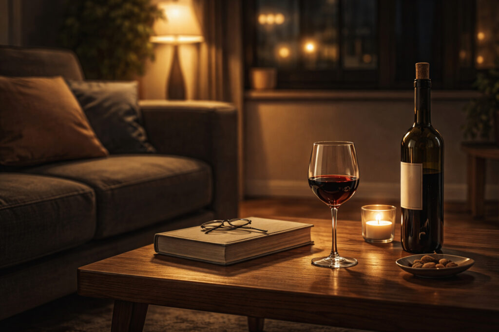 Glas Rotwein und Buch auf einem Couchtisch in einem stilvollen Wohnzimmer, warmes Licht, stille und nachdenkliche Atmosphäre.
