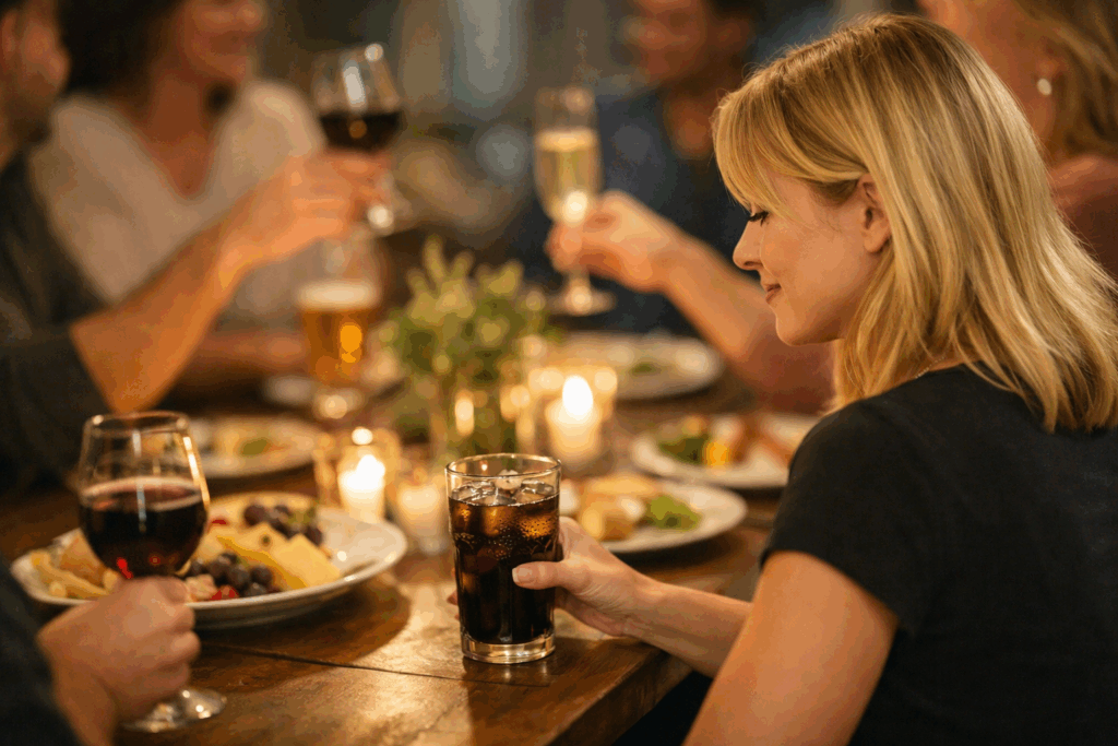 Eine blonde Frau sitzt an einem Tisch mit mehreren Menschen und trinkt Cola, während die anderen Wein, Sekt oder Bier trinken – Alkoholkonsum als soziale Norm.