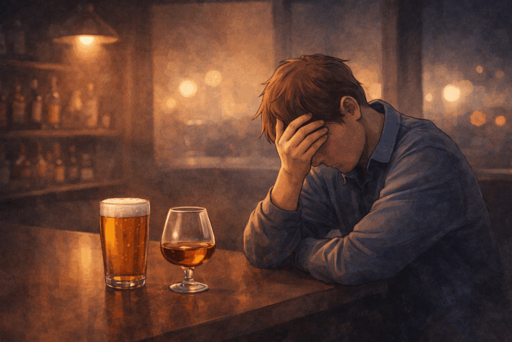 Ein einsamer Mensch sitzt an einem Tisch vor einem Bier und einem Cognac, der Kopf in die Hand gestützt – stille, nachdenkliche Stimmung rund um Alkoholkonsum.