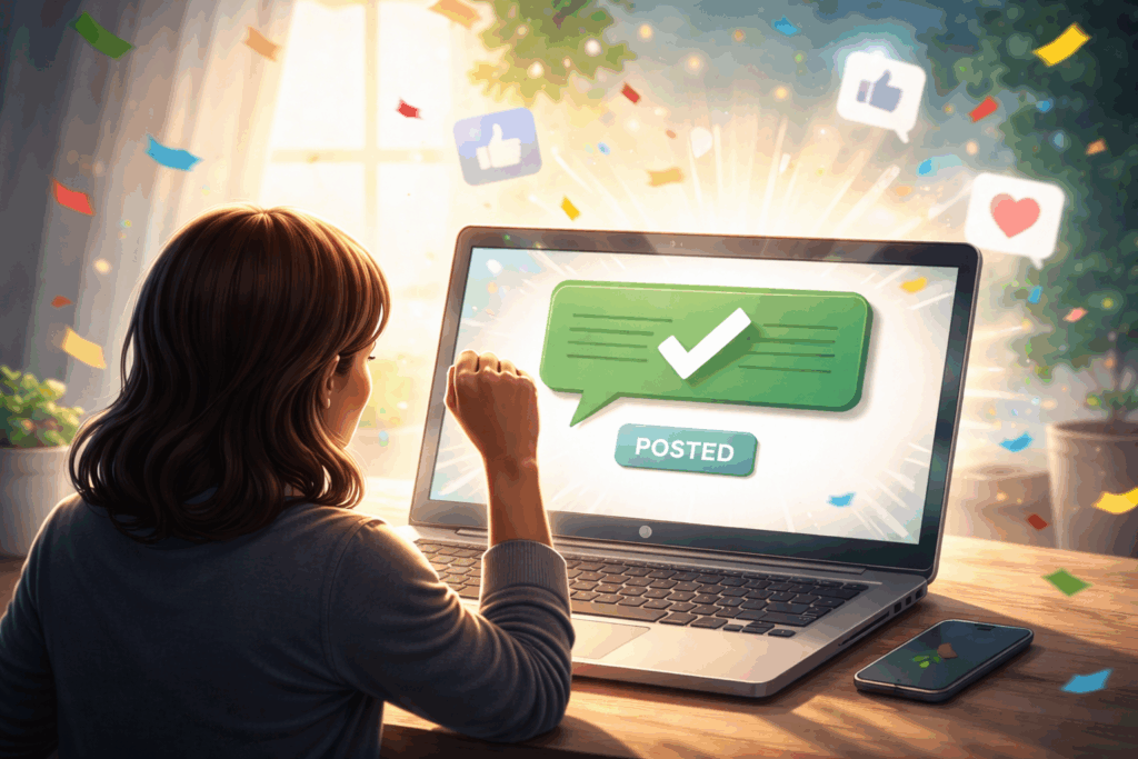 Frau vor Laptop mit freigegebenem Kommentar und hellem Licht im Hintergrund – Symbolbild für offenen digitalen Diskurs und sichtbare Meinungsfreiheit im Netz.