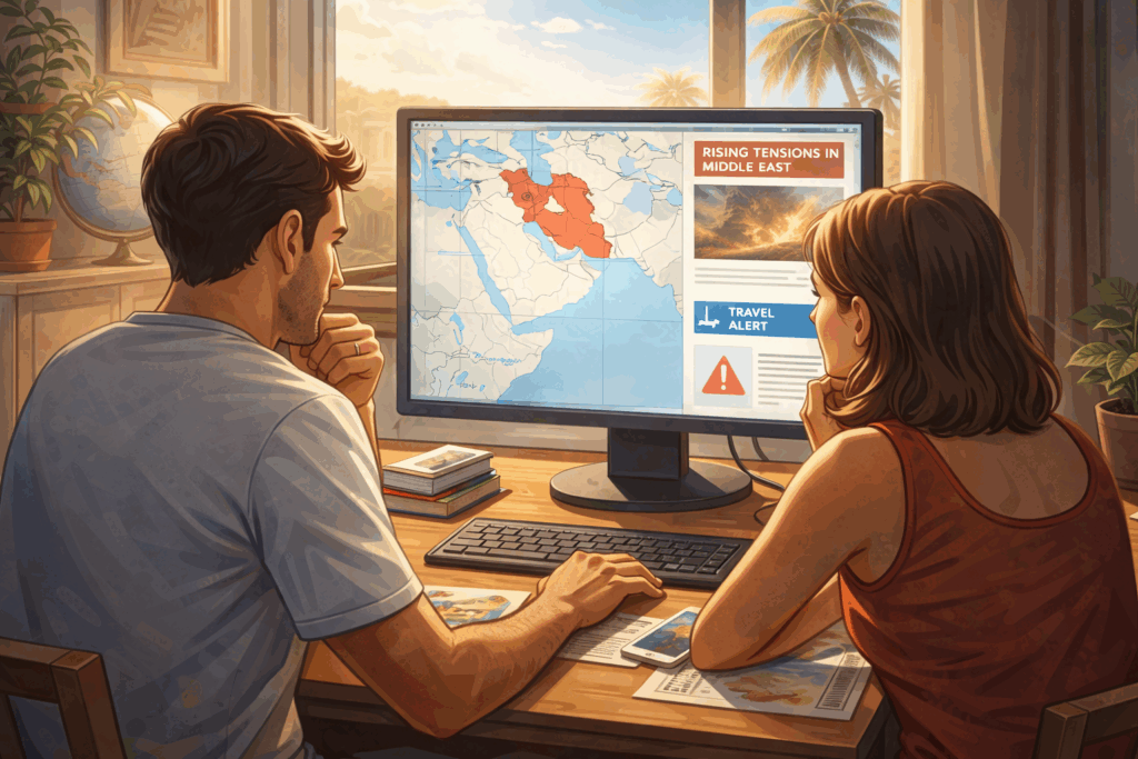 Paar sitzt am Computer und prüft auf einer Weltkarte mit Warnhinweisen die Sicherheitslage im Nahen Osten. Ein Symbol für Reisesicherheit vor der Reiseplanung.