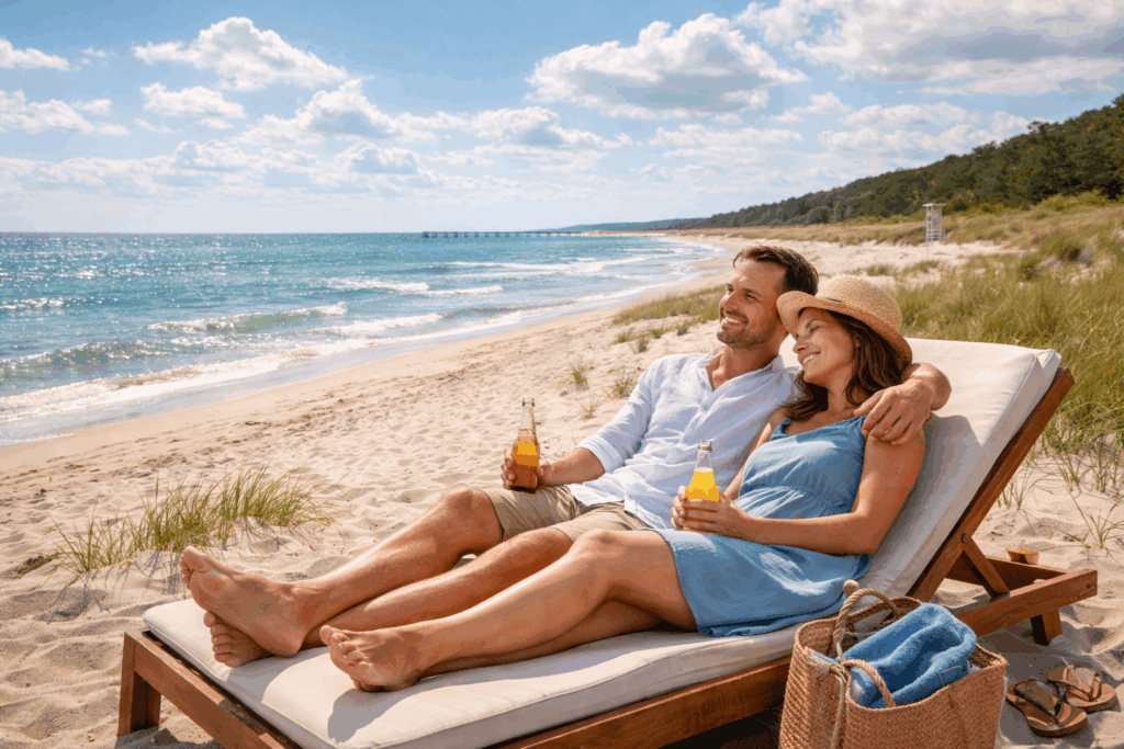 Glückliches Paar entspannt auf einer Strandliege an der Ostsee – Illustration für sichere Reiseplanung und sorgenfreien Urlaub.