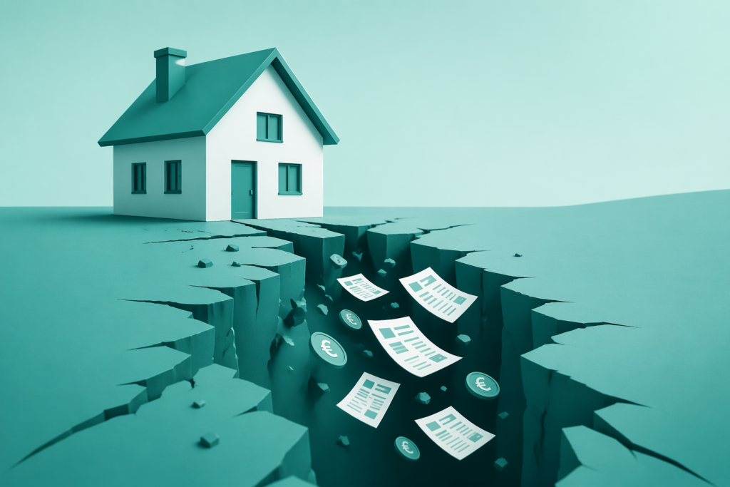 Illustration einer fristlosen Kündigung: Haus auf aufgebrochenem Boden, während Geld und Dokumente in eine tiefe Spalte fallen