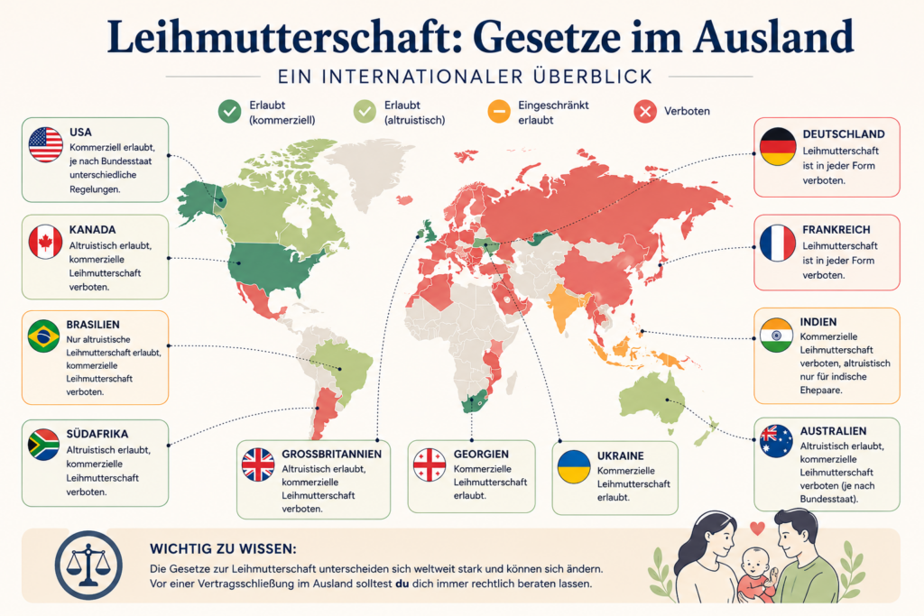 Weltkarte mit einem Überblick über die Gesetze zur Leihmutterschaft im Ausland. Die Infografik vergleicht die rechtlichen Regelungen in verschiedenen Ländern und zeigt, wo Leihmutterschaft erlaubt oder verboten ist.