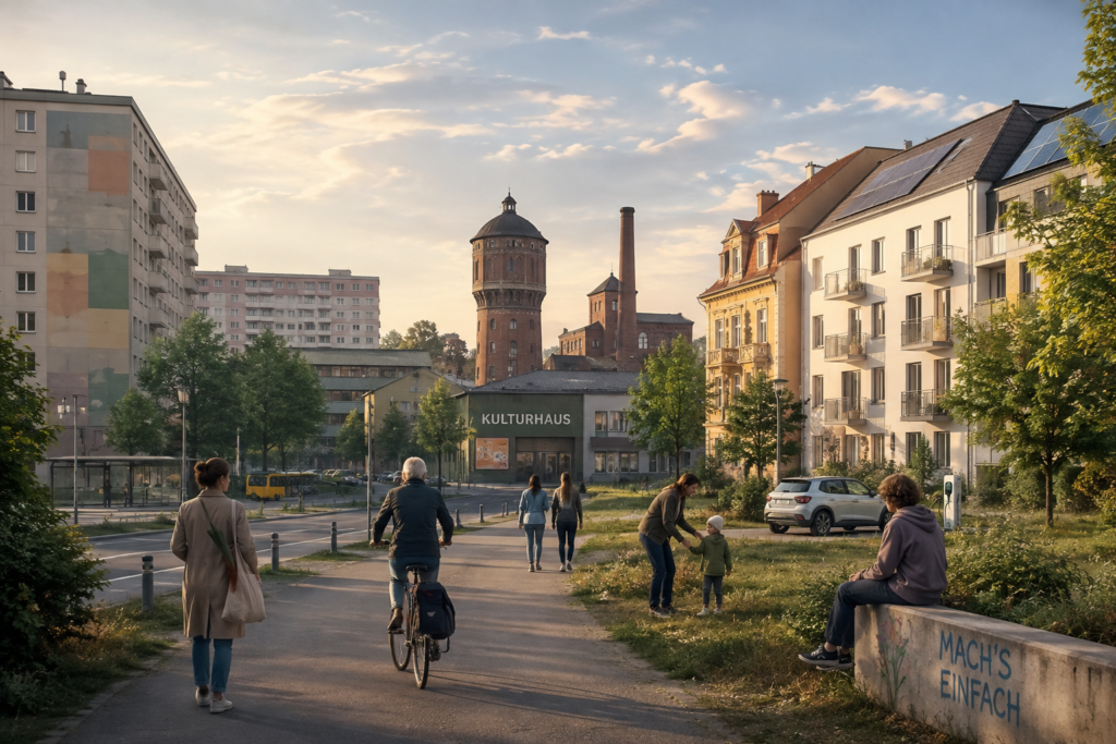 Ein Blick in eine ostdeutsche Stadt zwischen Plattenbauten und sanierten Fassaden. Es ist das Leben in Ostdeutschland im Alltag.