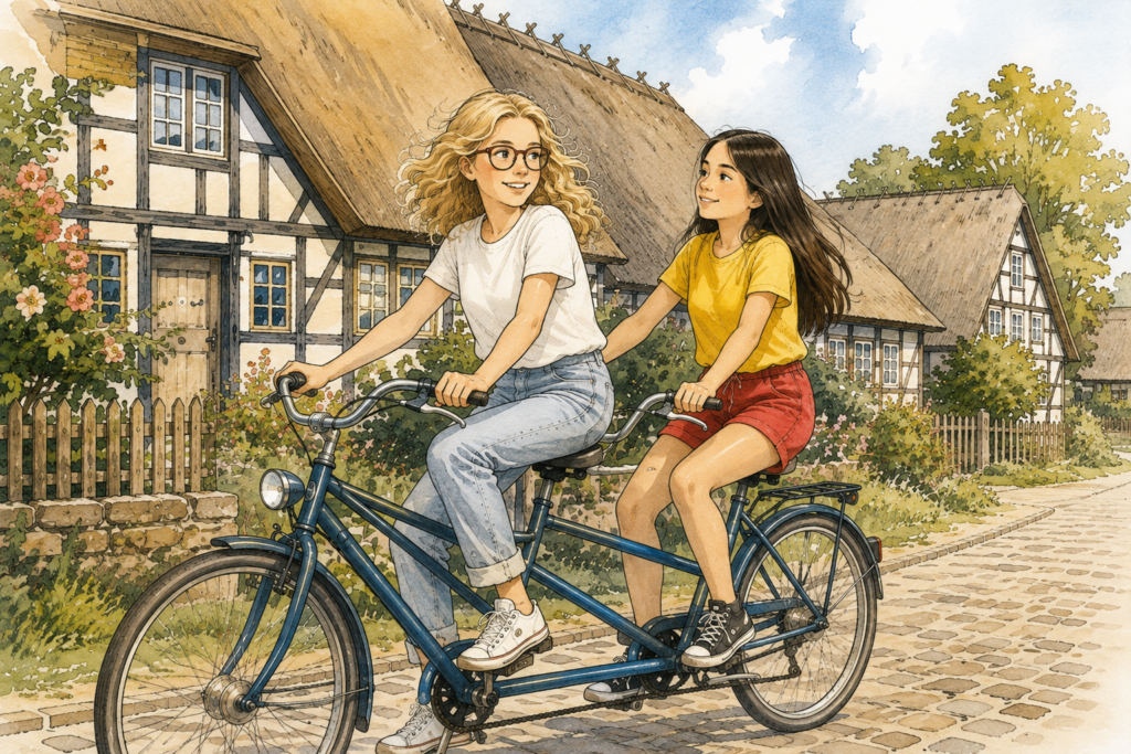 Ein blindes und ein dunkelhaariges Mädchen fahren auf einem Tandem durch ein Dorf mit Fachwerkhäusern, die ein Reetdach haben